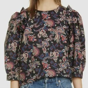 BA&SH Women Black Paisley Jewel Neck Ruffle Short-Sleeve Shirt Blouse Top M 8